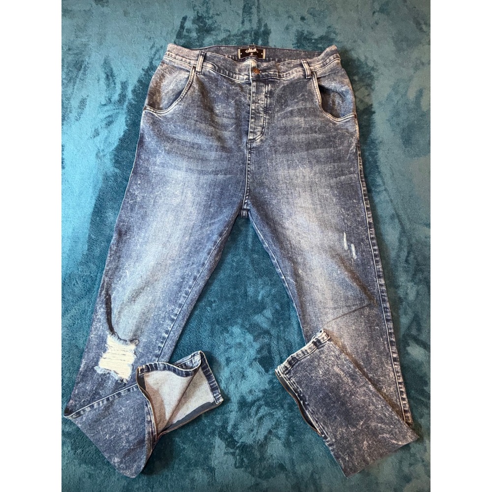 BoohooMAN Distressed Skinny Jeans Blue Light Wash Ankle Zip Raw Edge Mens 34